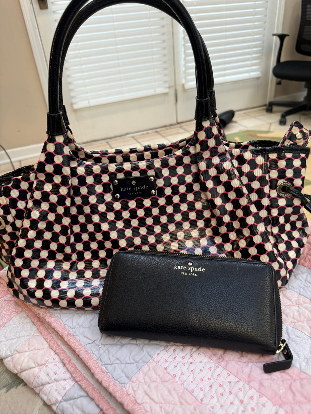 kate spade Black, Pink & Cream Geometric Tote with Black Wallet